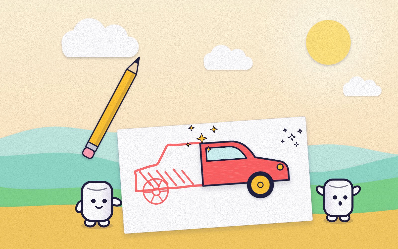 Concept art for ScribbleBuild, not a screenshot of the game: a crayon drawing of a car on paper, with the front half already turned into a solid toy car.
