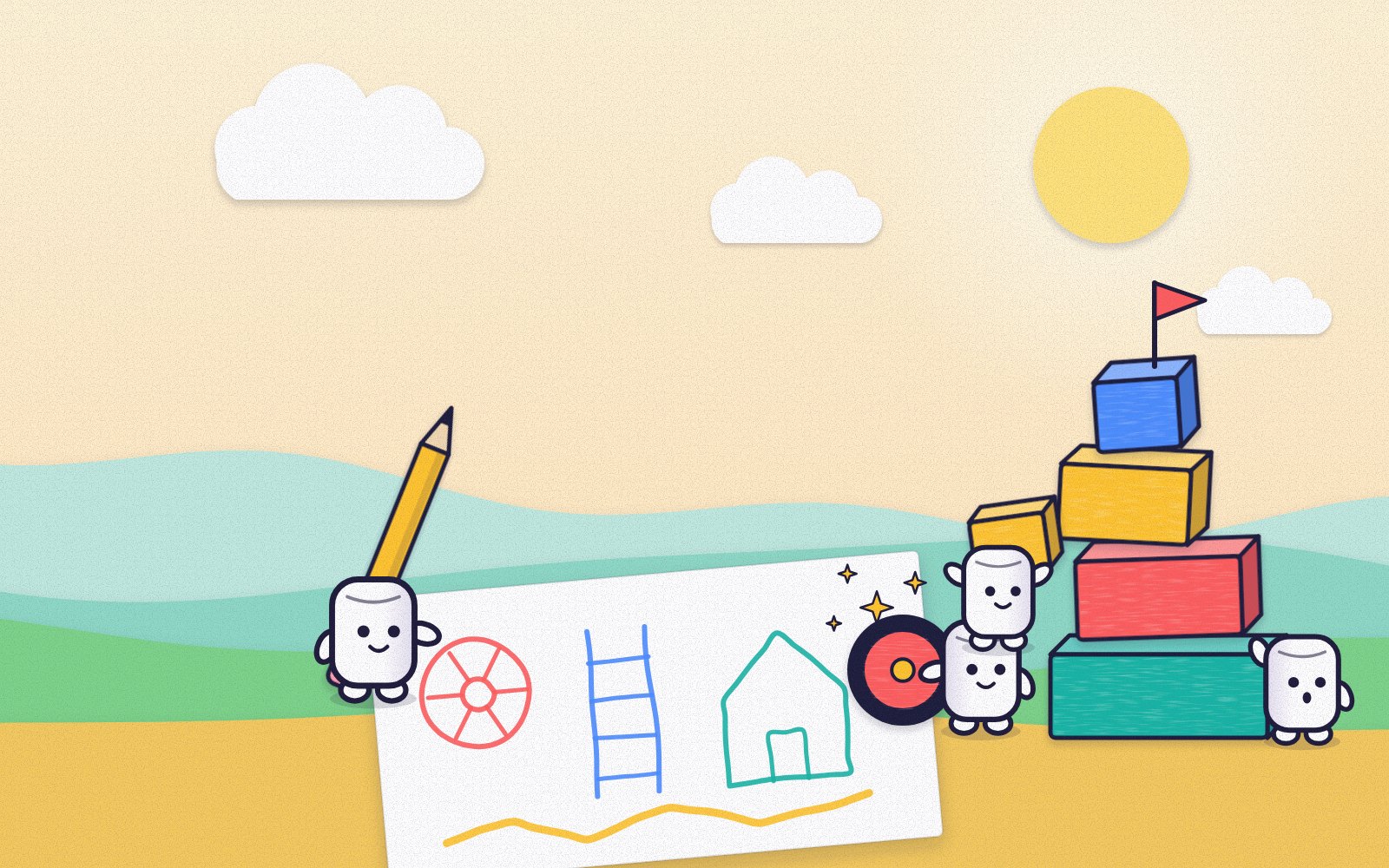 Concept art for ScribbleBuild, not a screenshot of the game: small players carry drawings that have turned into solid blocks and wheels, and stack them into a tower.
