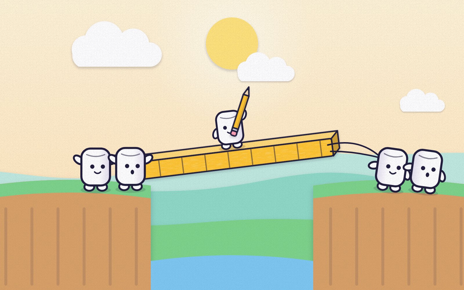 Concept art for ScribbleBuild, not a screenshot of the game: five players lifting one long bridge piece across a gap together.